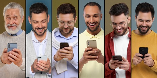 Image of Men using mobile phones on different colors backgrounds. Collage of portraits