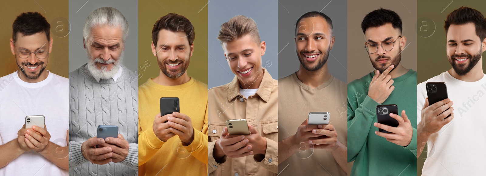 Image of Men using mobile phones on different colors backgrounds. Collage of portraits