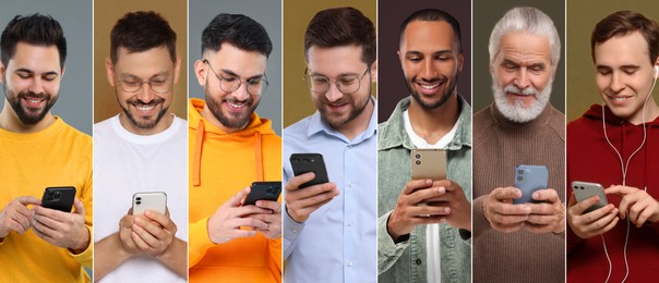 Men using mobile phones on different colors backgrounds. Collage of portraits