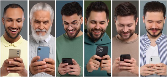 Image of Men using mobile phones on different colors backgrounds. Collage of portraits