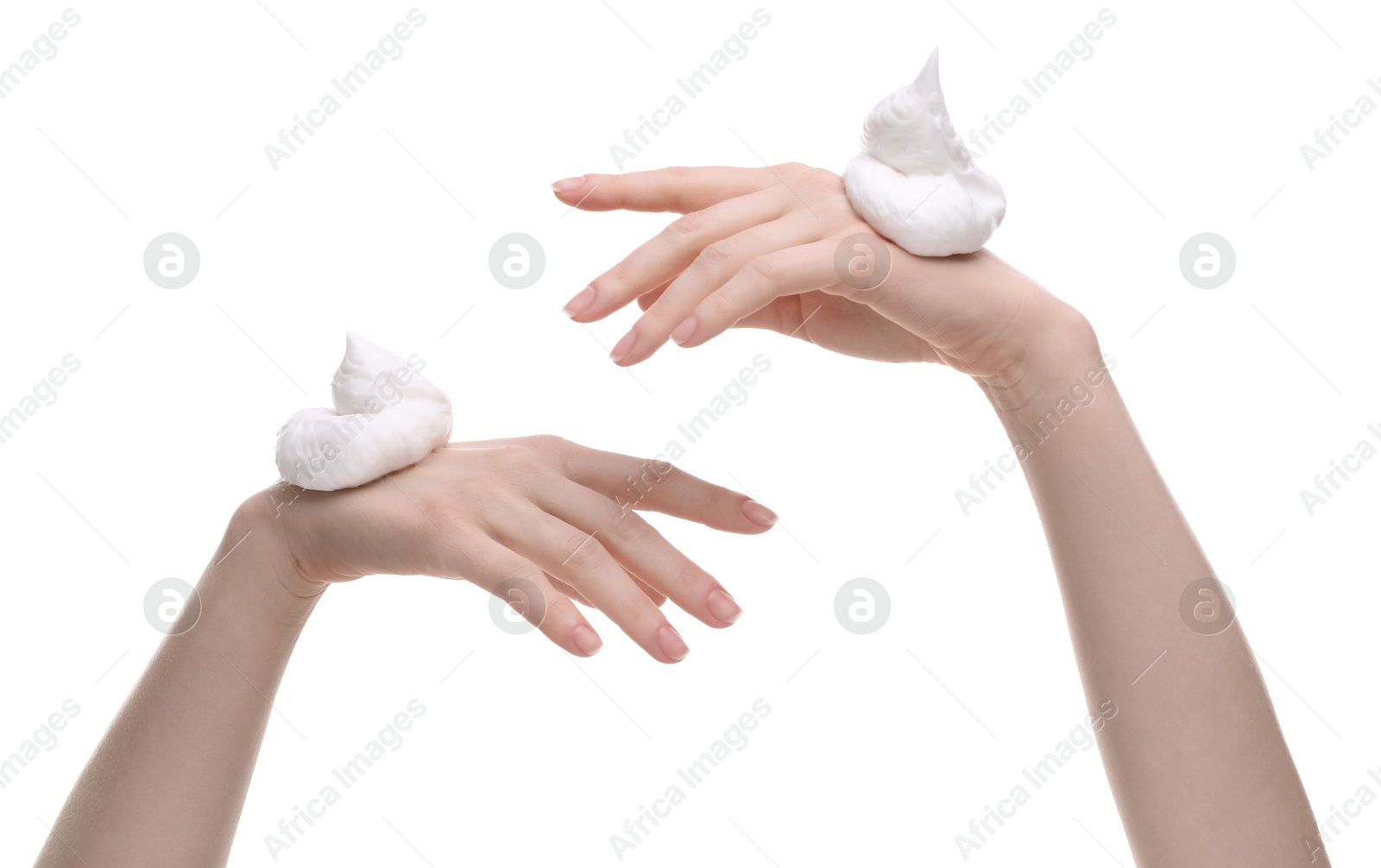 Photo of Woman with cleansing foam on hands against white background, closeup