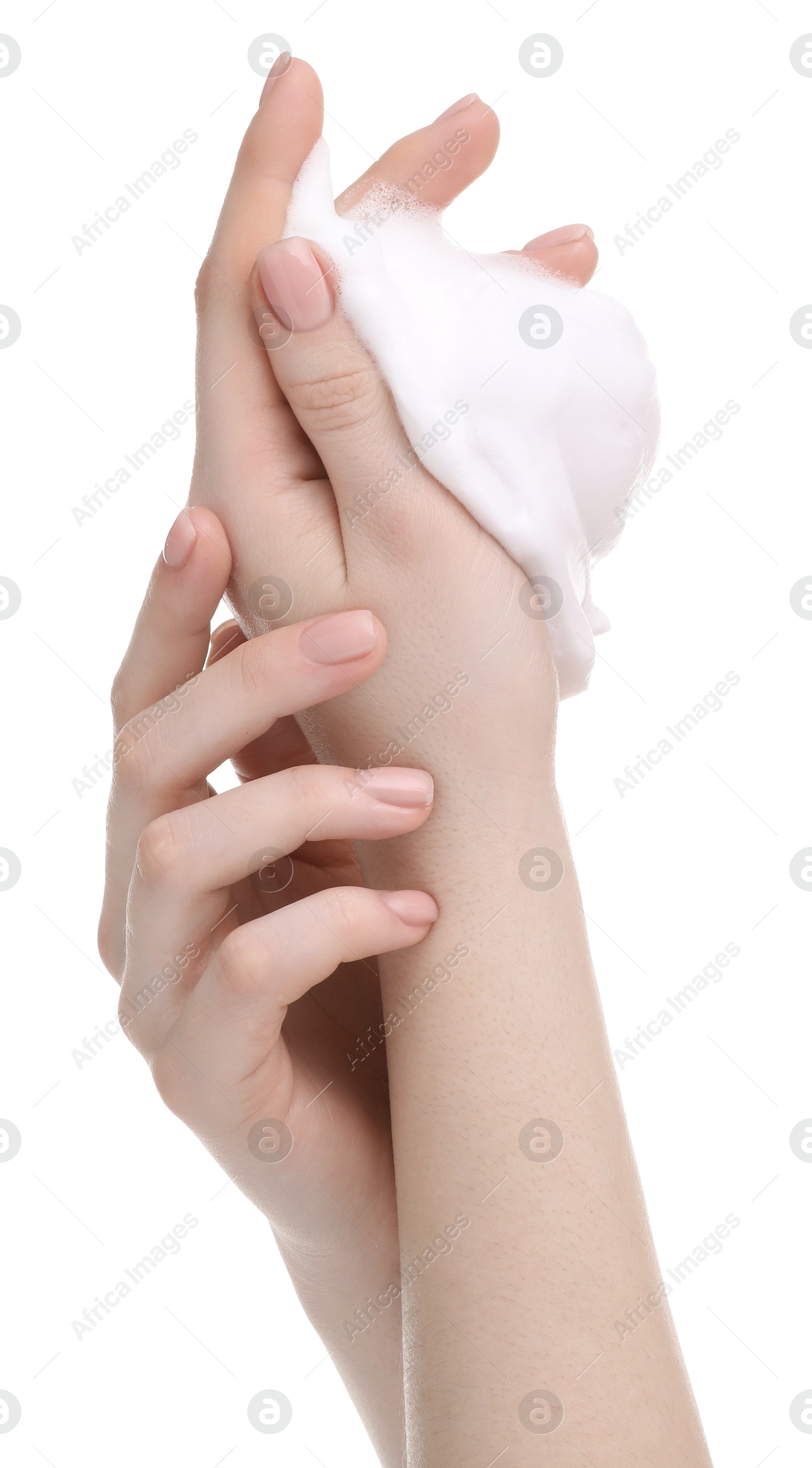 Photo of Woman with cleansing foam on hands against white background, closeup