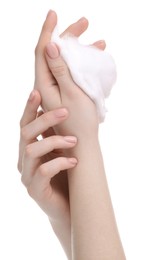 Photo of Woman with cleansing foam on hands against white background, closeup