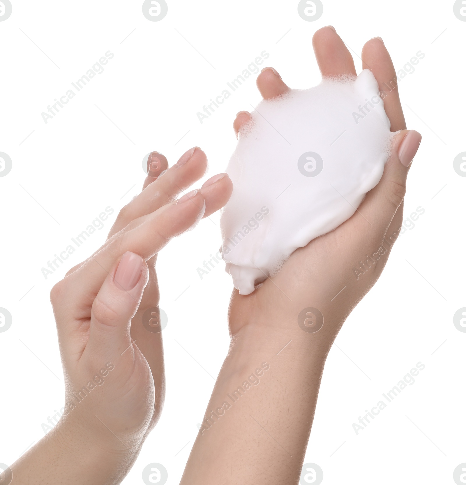 Photo of Woman with cleansing foam on hands against white background, closeup