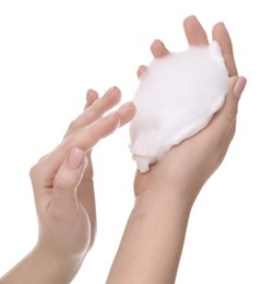 Photo of Woman with cleansing foam on hands against white background, closeup