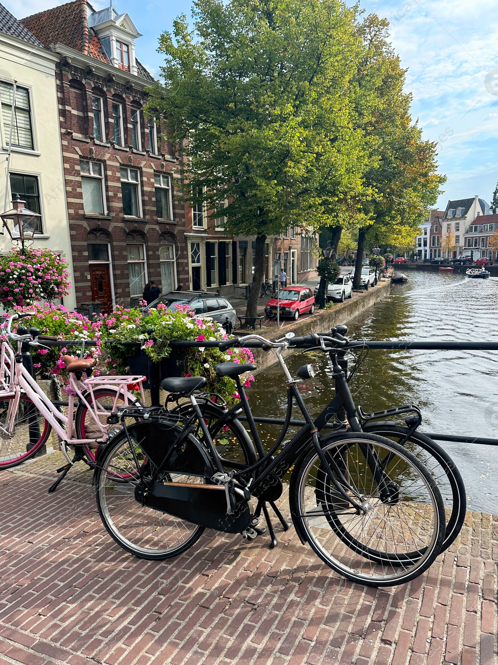 Photo of Modern bicycles parked near water canal in city