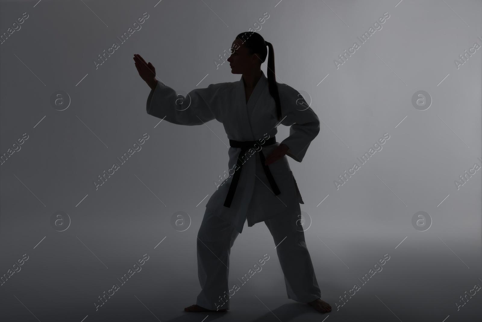 Photo of Silhouette of woman in kimono practicing karate on light background