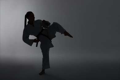 Photo of Silhouette of woman in kimono practicing karate on light background, space for text