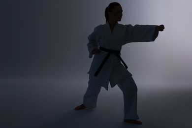 Photo of Silhouette of woman in kimono practicing karate on light background, space for text