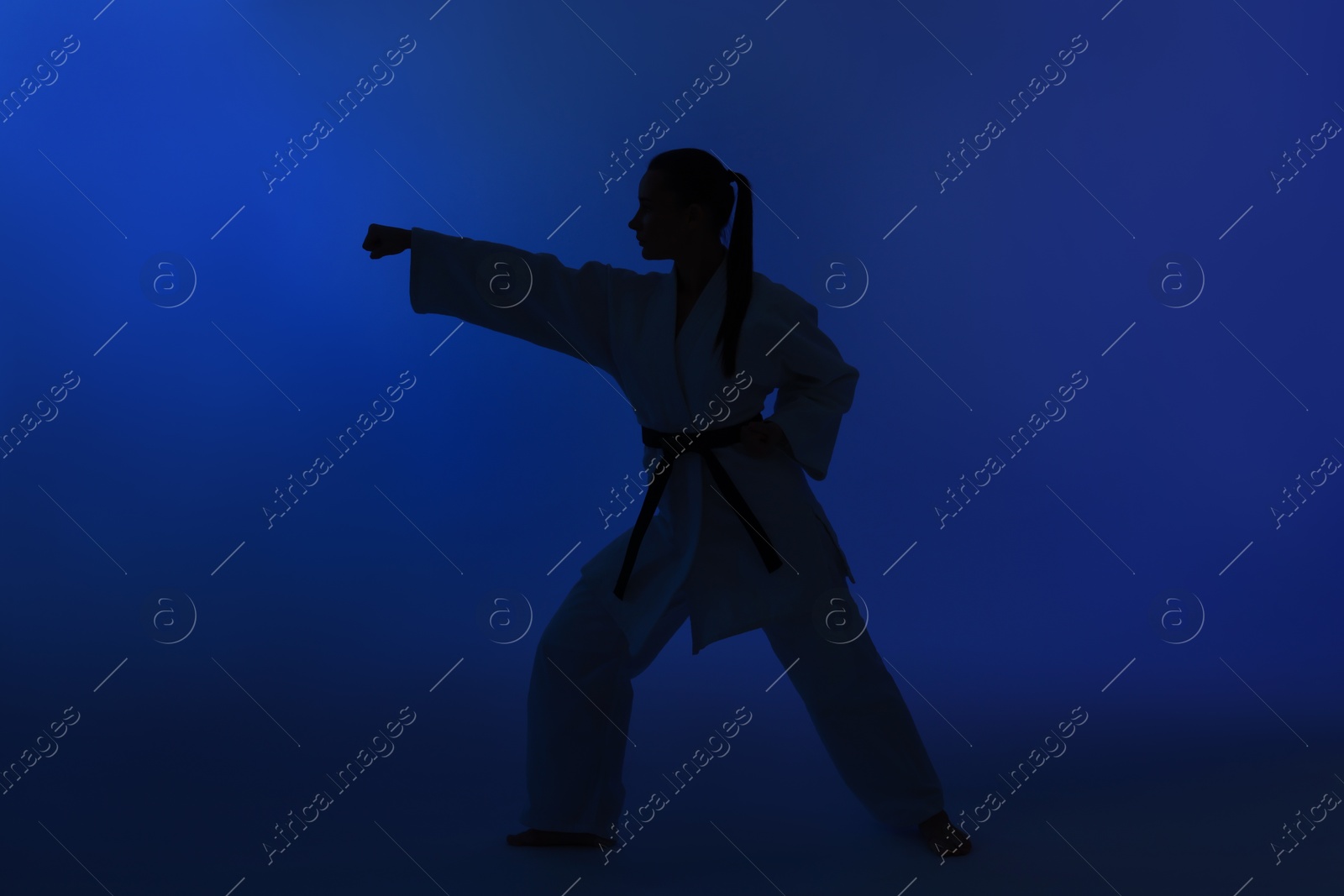 Photo of Silhouette of woman in kimono practicing karate on dark blue background