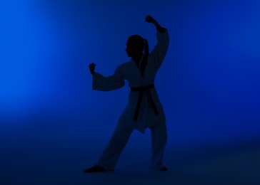 Photo of Silhouette of woman in kimono practicing karate on dark blue background