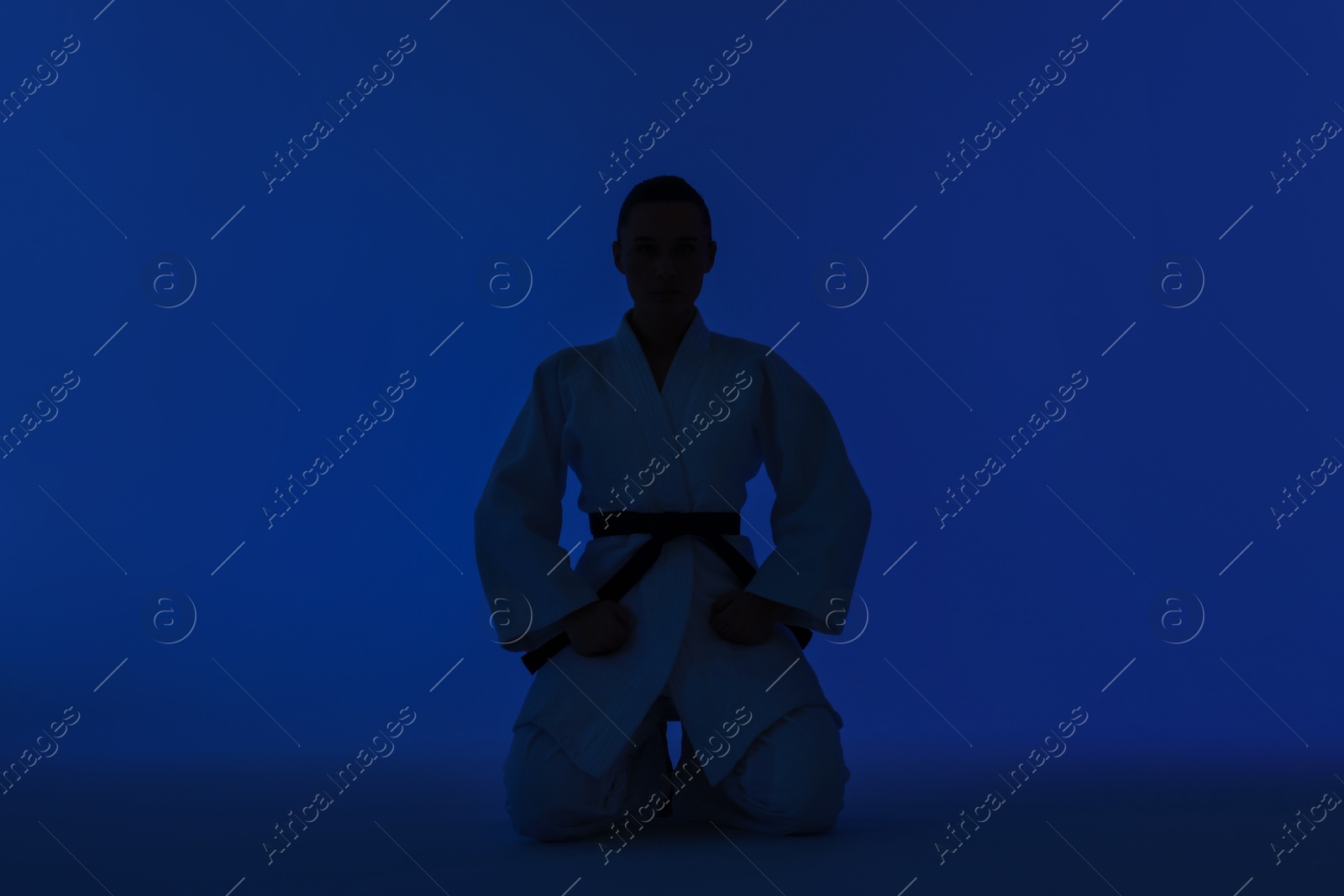 Photo of Silhouette of karate fighter in kimono on dark blue background