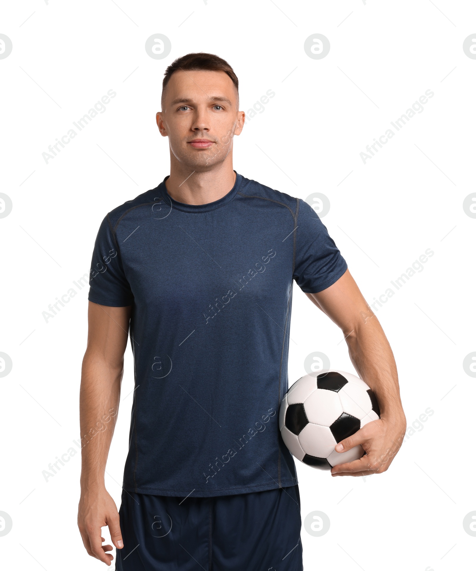 Photo of Football player with soccer ball on white background