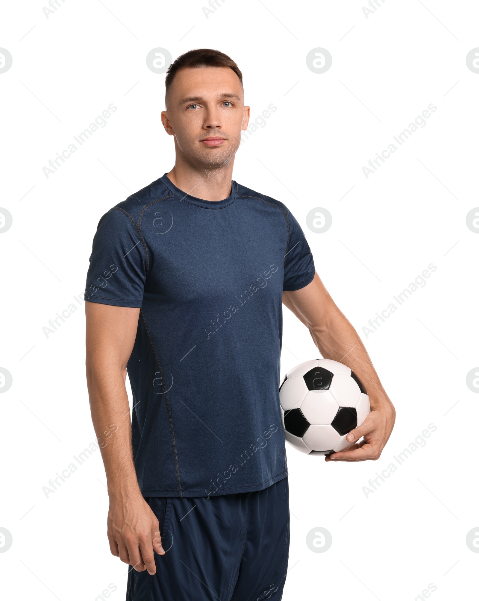 Photo of Football player with soccer ball on white background