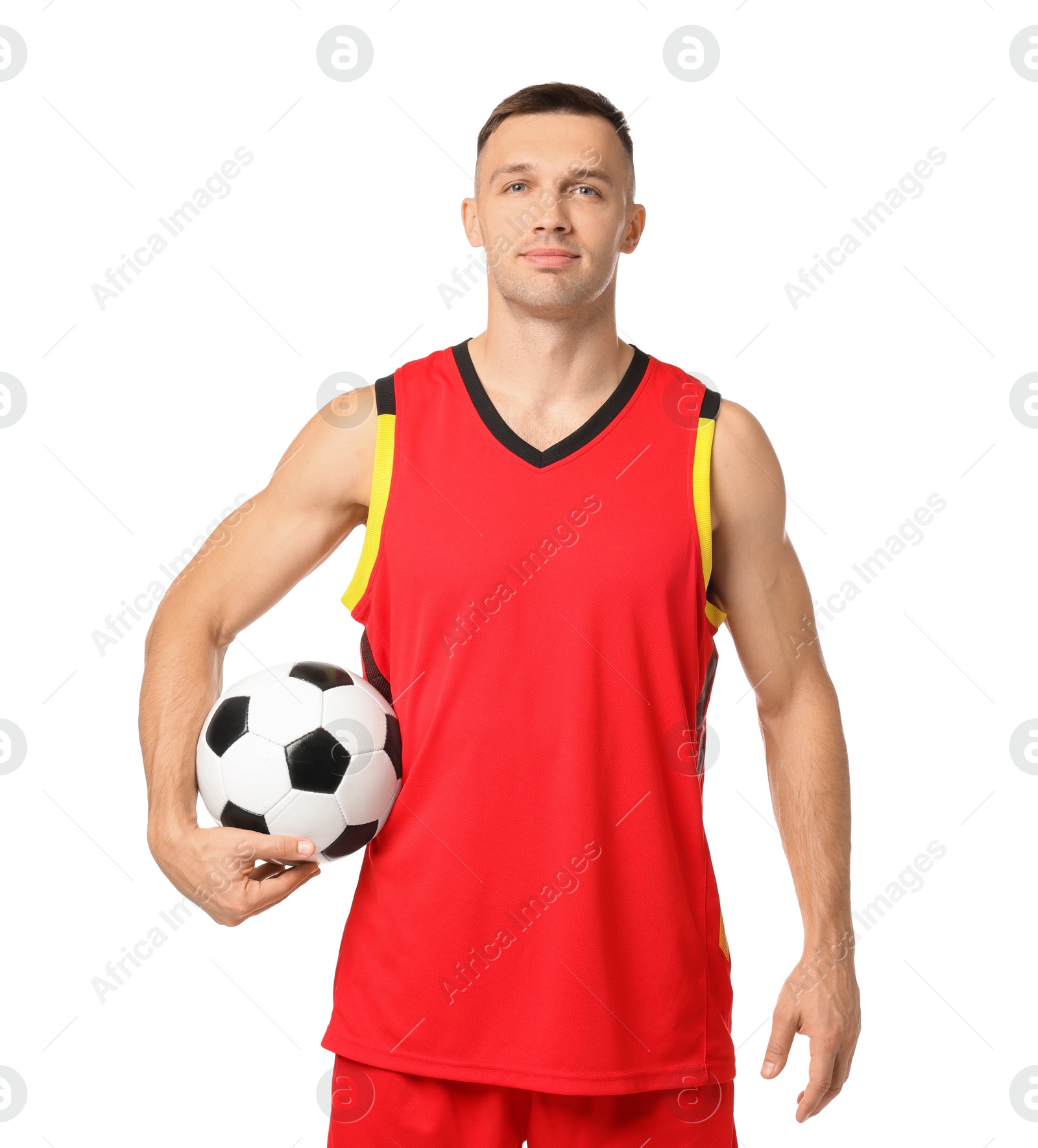 Photo of Football player with soccer ball on white background