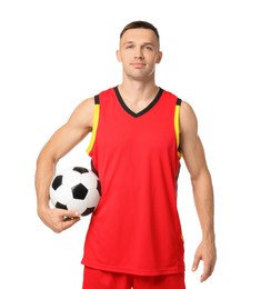 Photo of Football player with soccer ball on white background