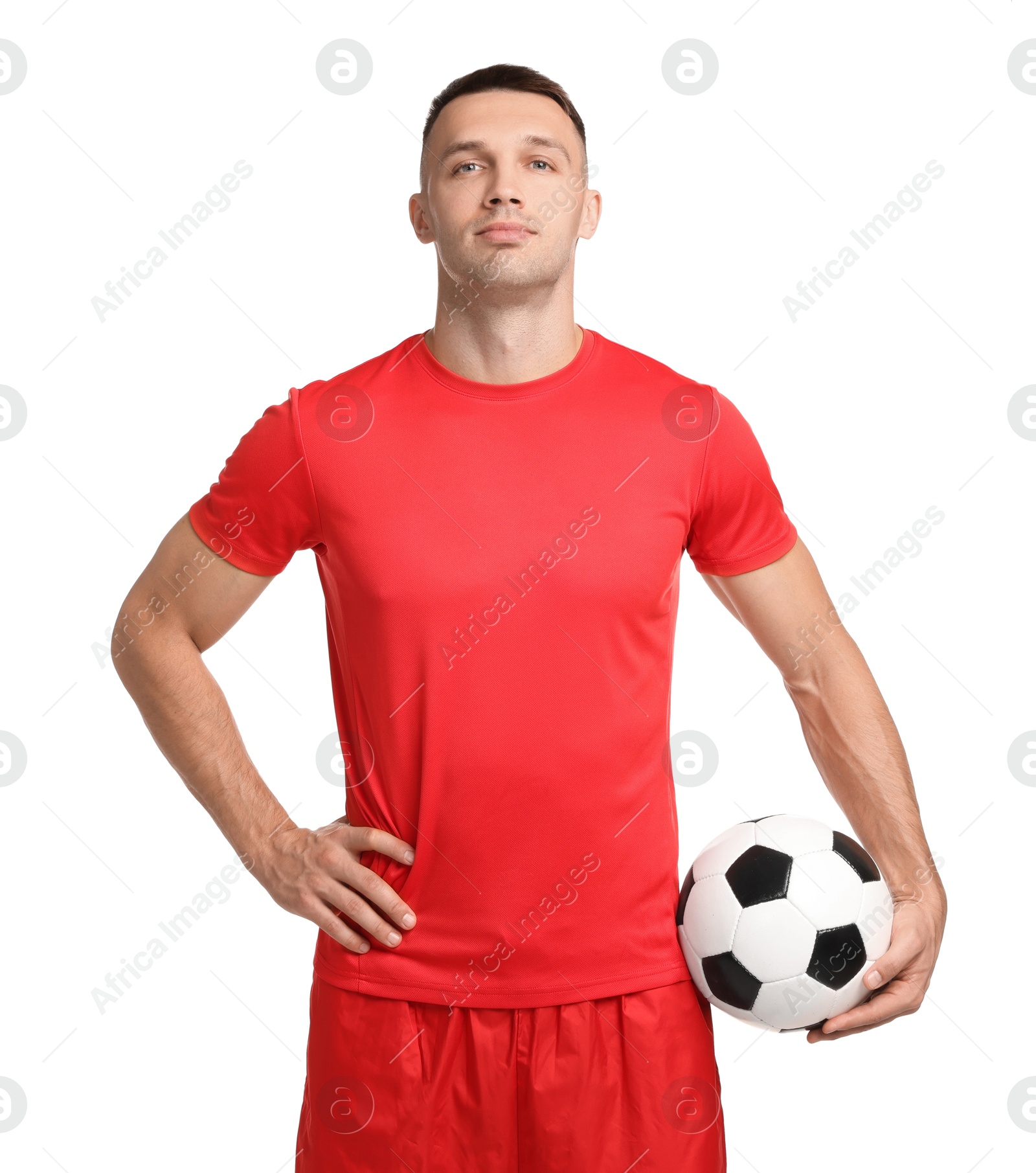 Photo of Football player with soccer ball on white background