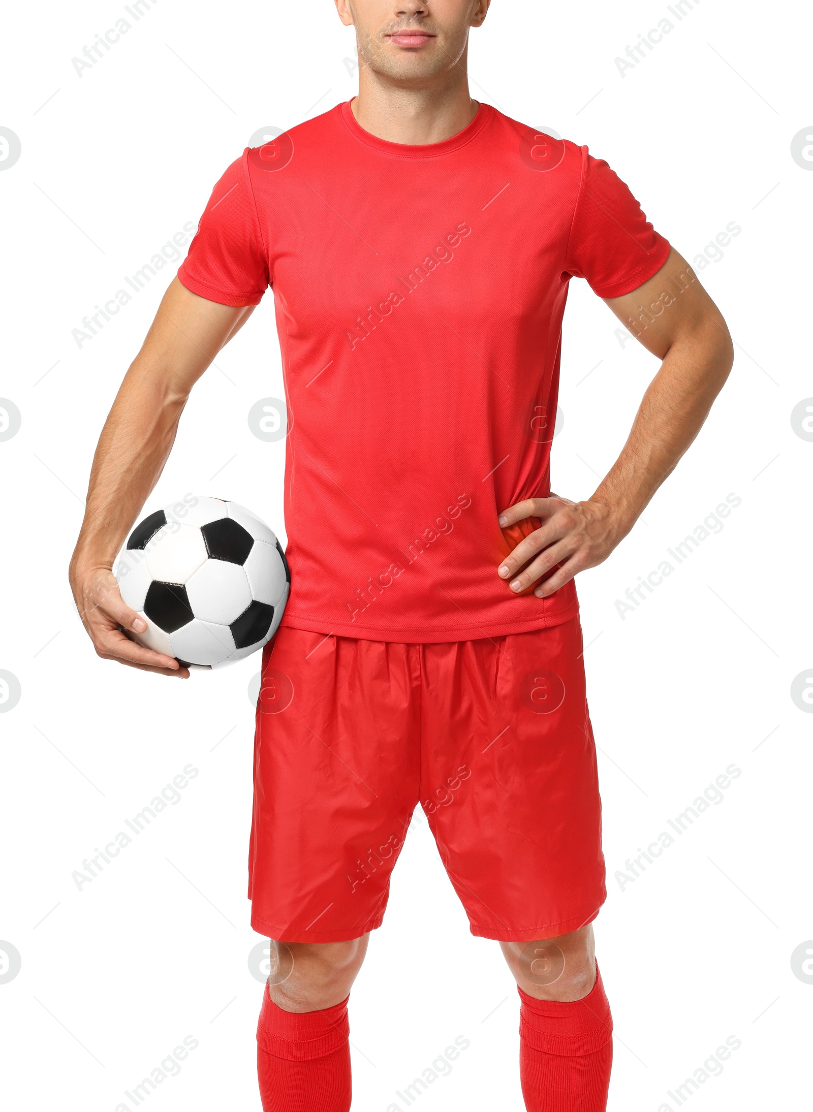 Photo of Football player with soccer ball on white background, closeup