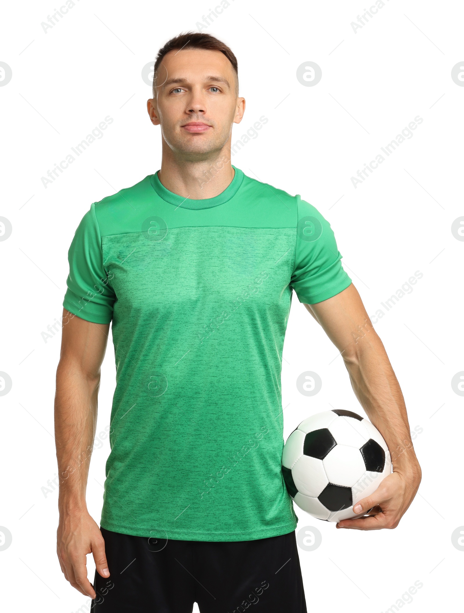 Photo of Football player with soccer ball on white background