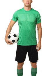 Photo of Football player with soccer ball on white background, closeup