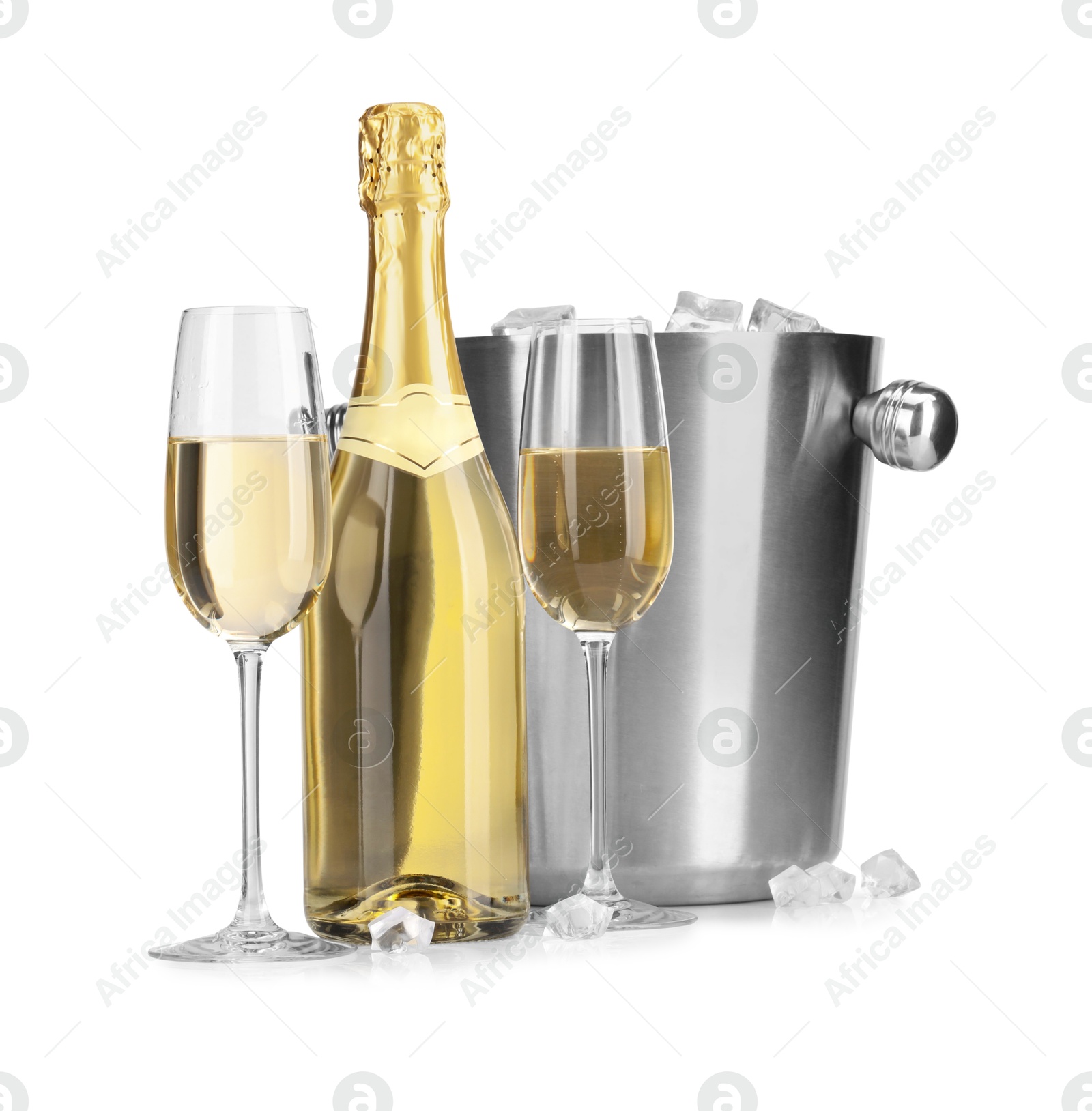 Photo of Champagne and bucket with ice isolated on white