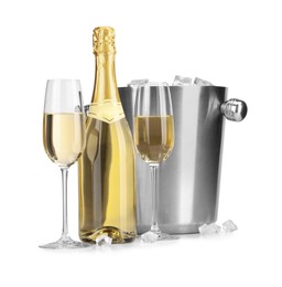 Photo of Champagne and bucket with ice isolated on white