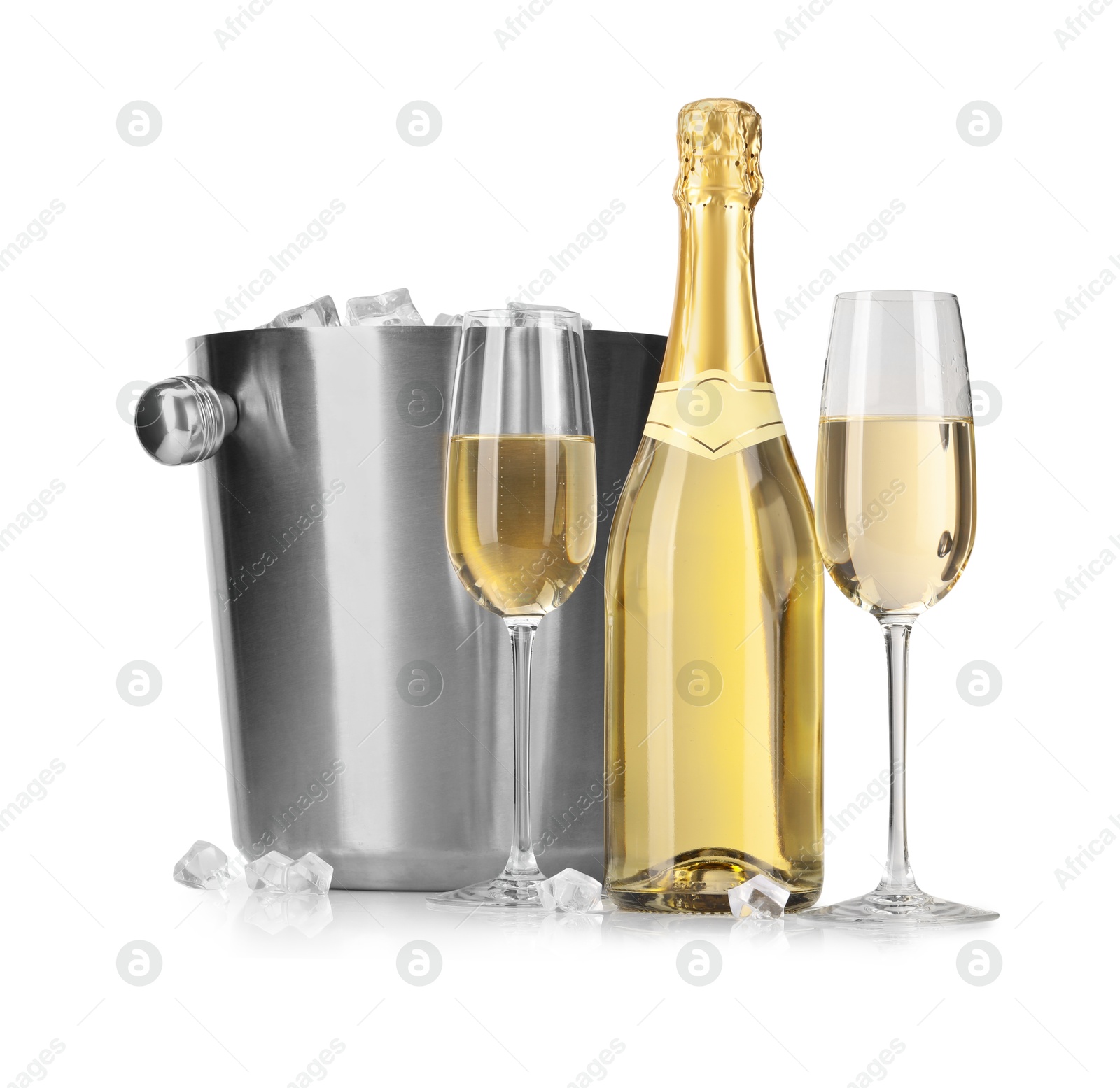 Photo of Champagne and bucket with ice isolated on white