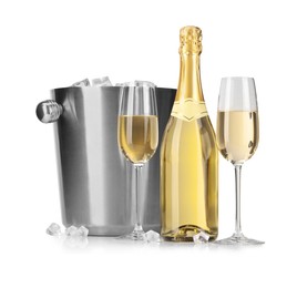 Photo of Champagne and bucket with ice isolated on white