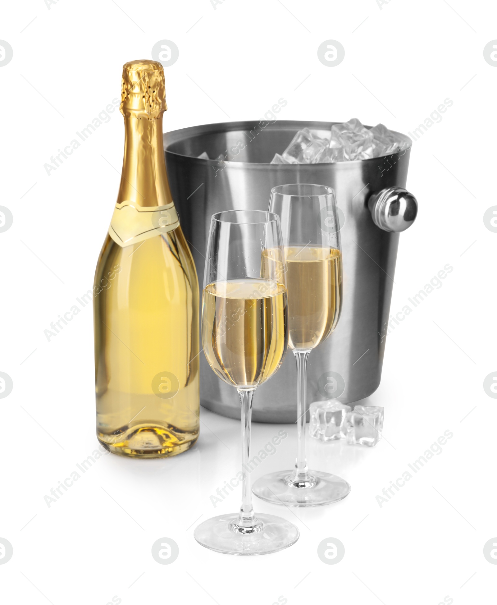 Photo of Champagne and bucket with ice isolated on white