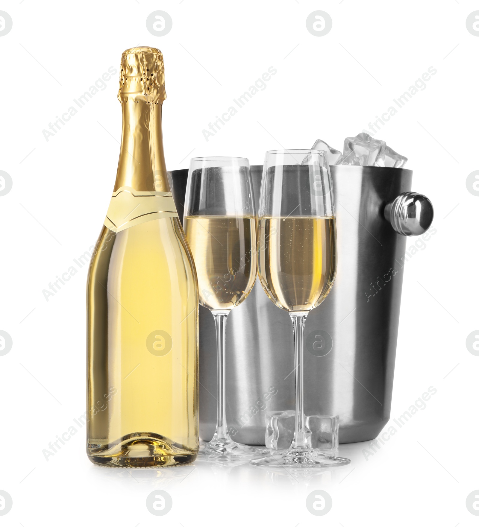 Photo of Champagne and bucket with ice isolated on white