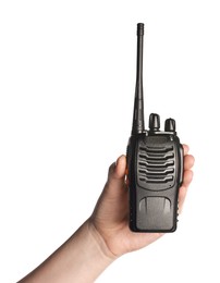 Photo of Woman with walkie talkie on white background, closeup