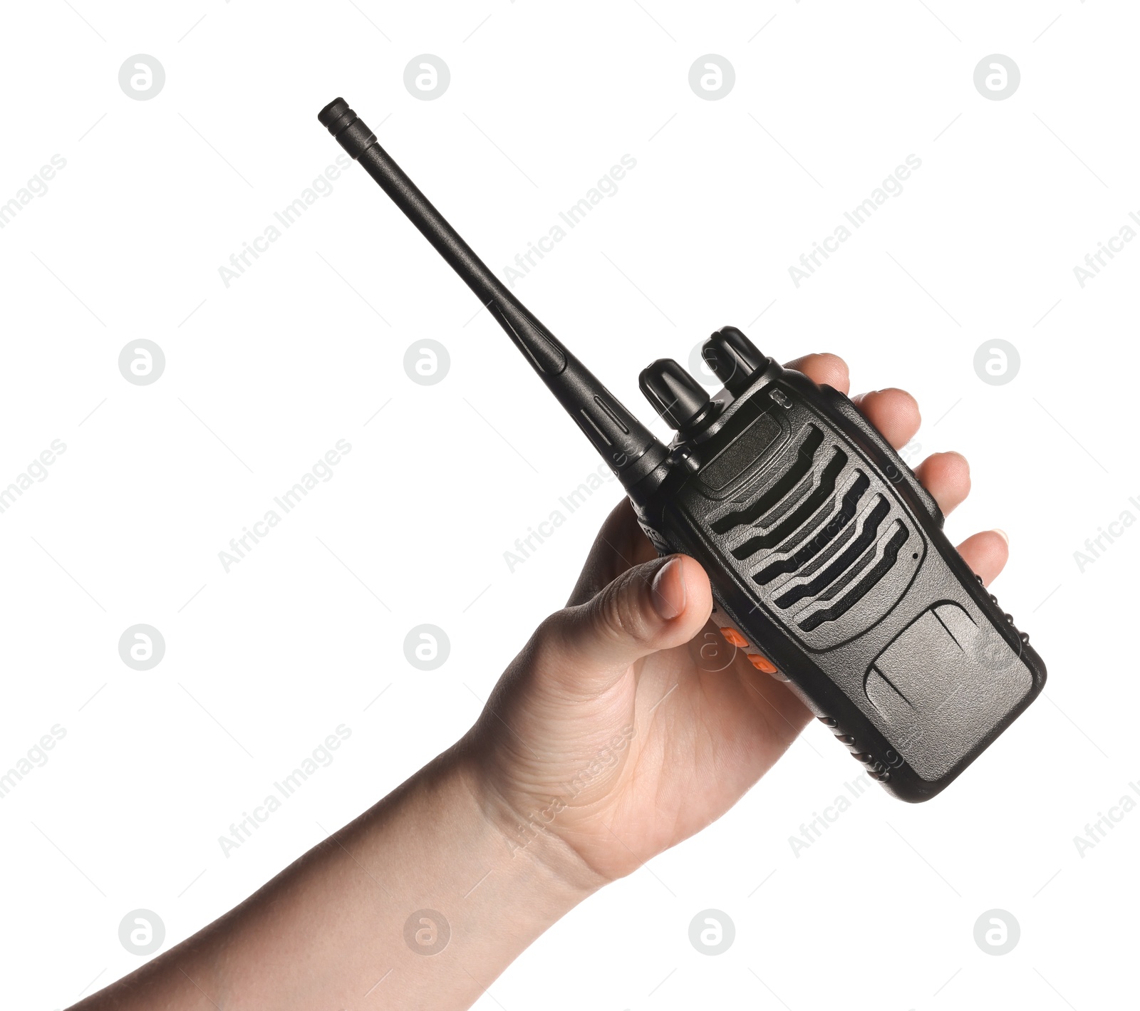 Photo of Woman with walkie talkie on white background, closeup