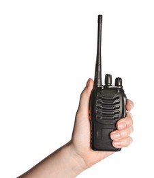 Photo of Woman with walkie talkie on white background, closeup