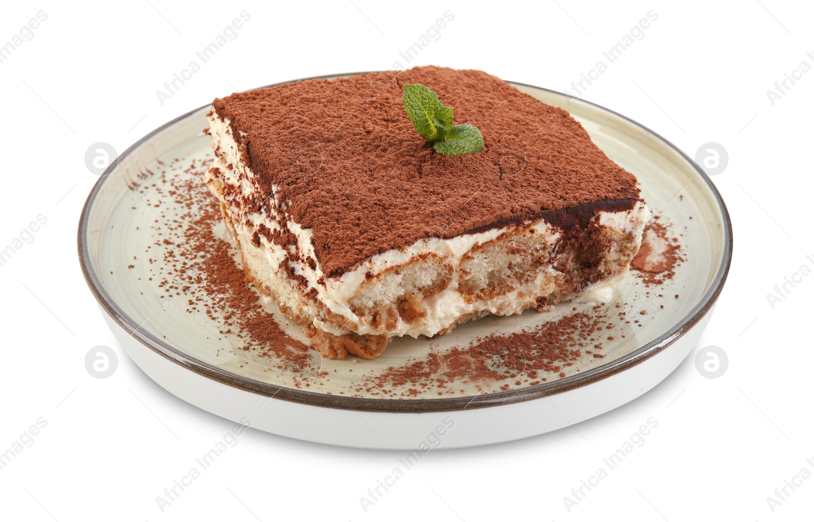 Photo of Piece of tasty tiramisu with fresh mint isolated on white