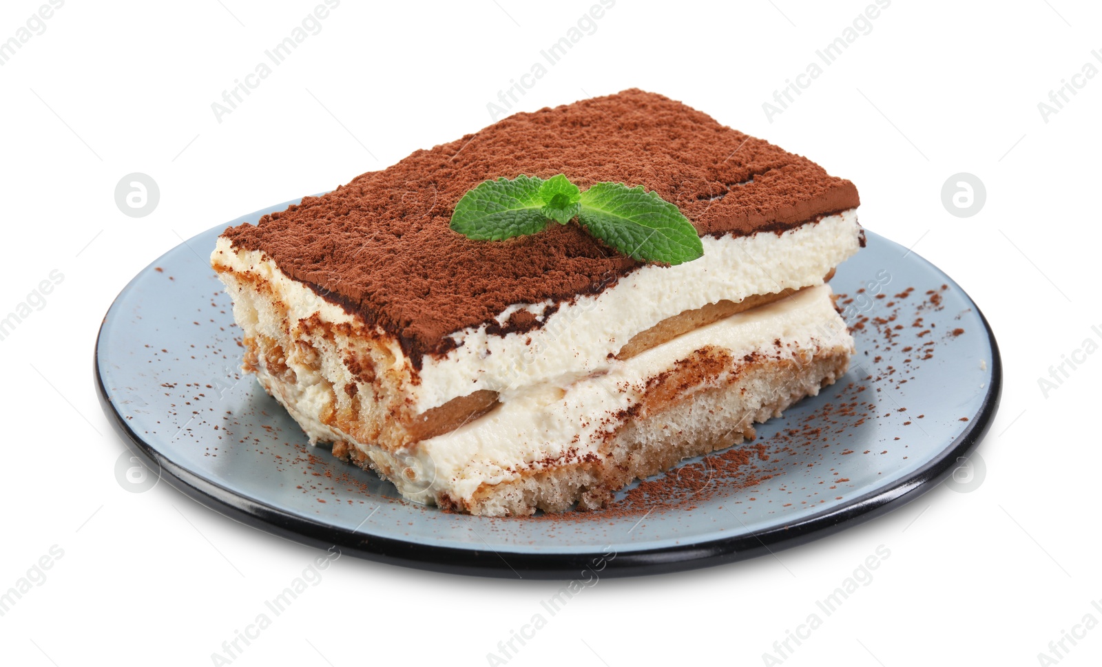 Photo of Piece of tasty tiramisu with fresh mint isolated on white