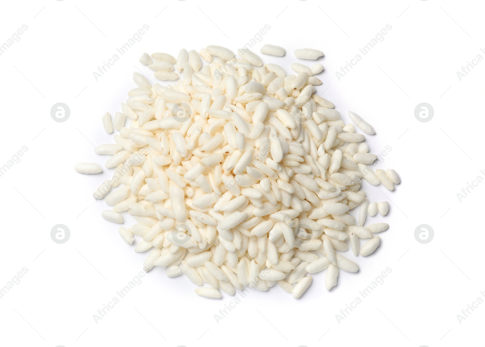 Photo of Heap of puffed rice isolated on white, top view