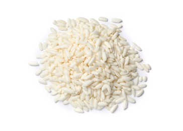 Photo of Heap of puffed rice isolated on white, top view