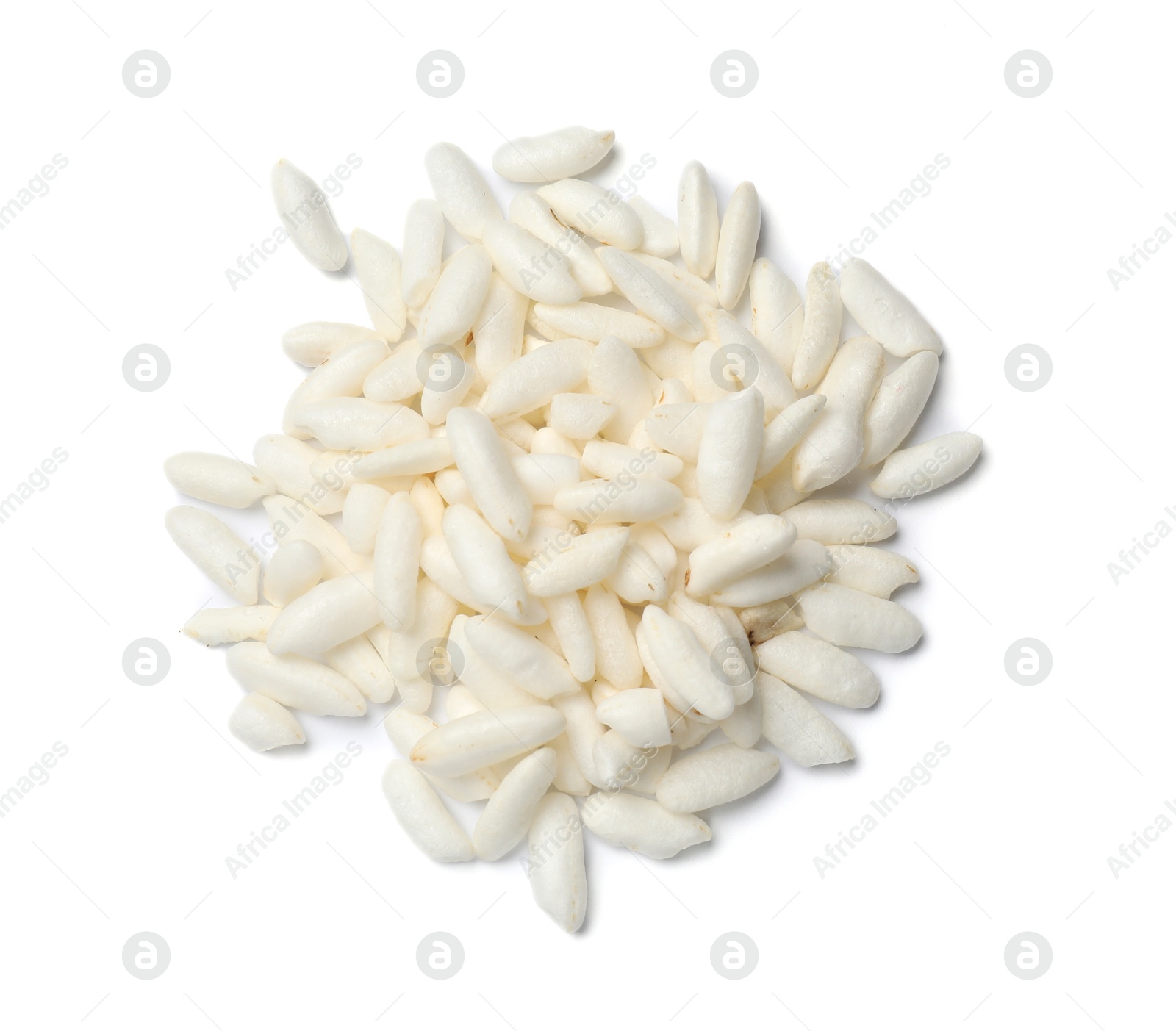 Photo of Heap of puffed rice isolated on white, top view