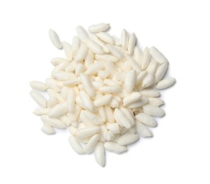 Photo of Heap of puffed rice isolated on white, top view