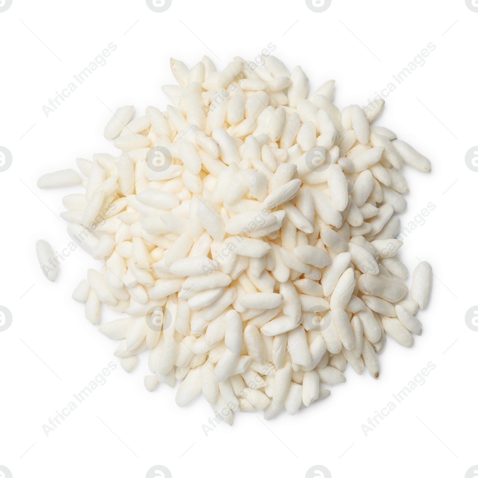 Photo of Heap of puffed rice isolated on white, top view