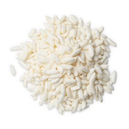 Photo of Heap of puffed rice isolated on white, top view