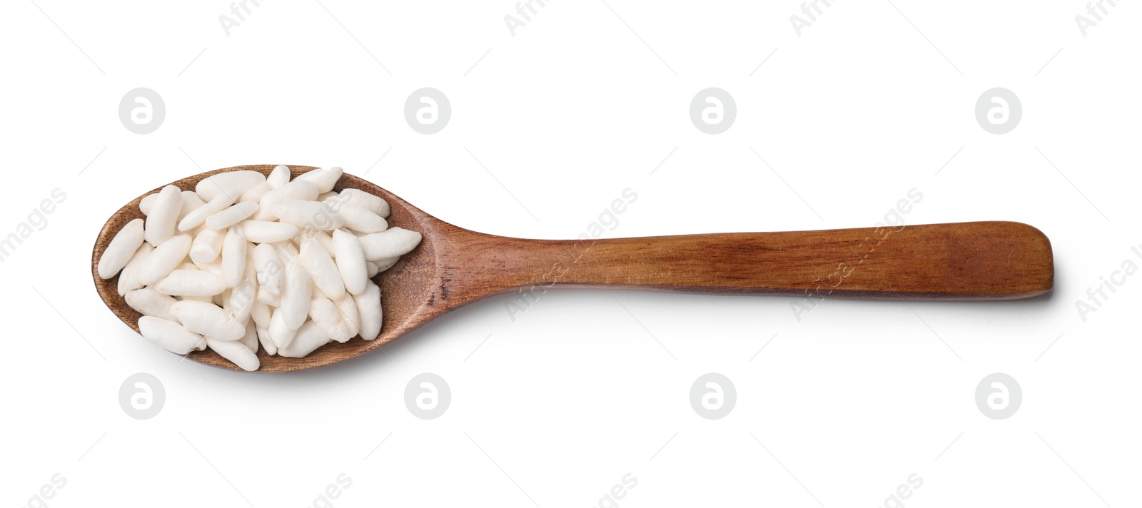 Photo of Puffed rice in spoon isolated on white, top view