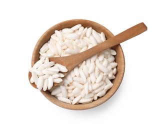 Photo of Puffed rice in bowl and spoon isolated on white, top view