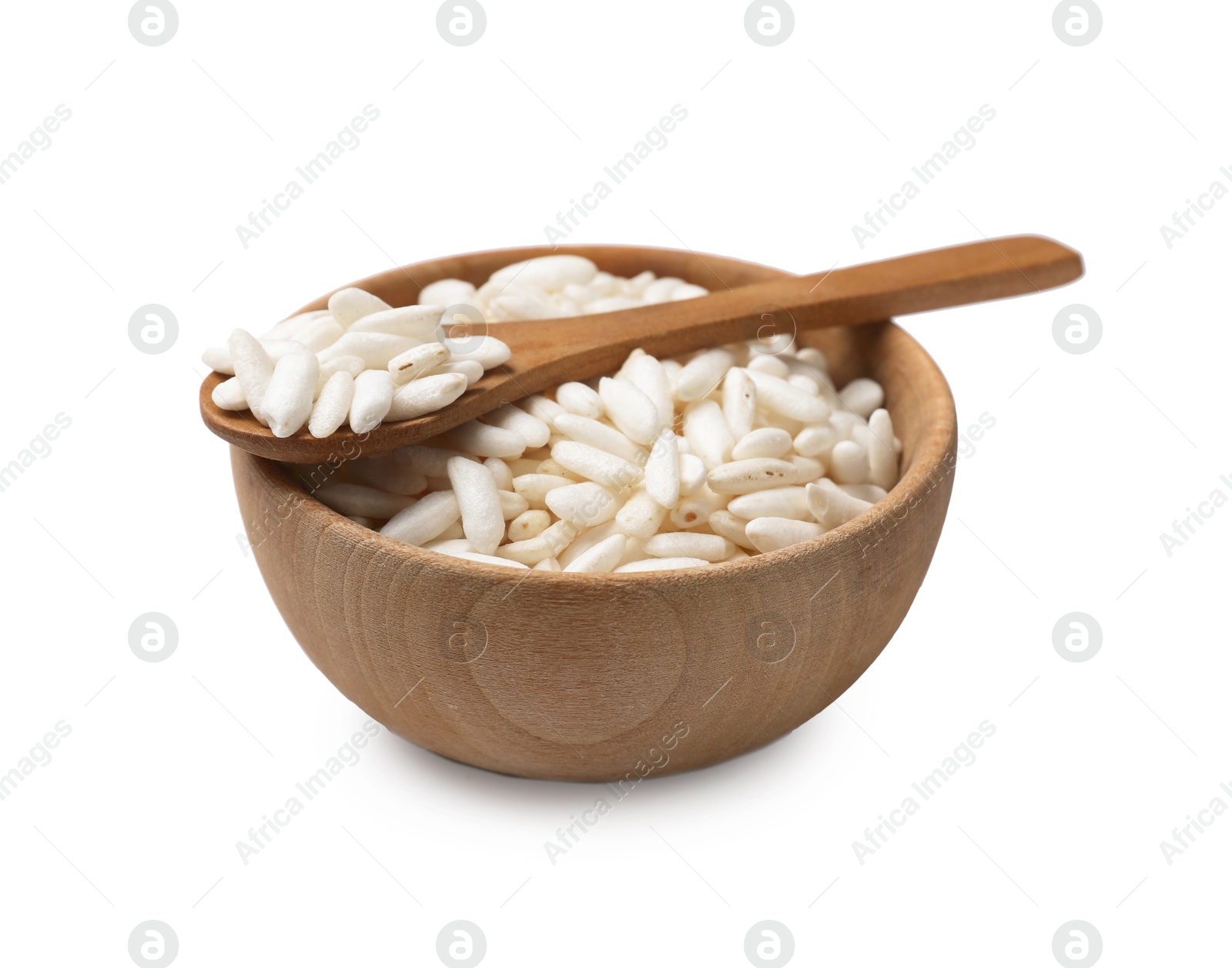 Photo of Puffed rice in bowl and spoon isolated on white