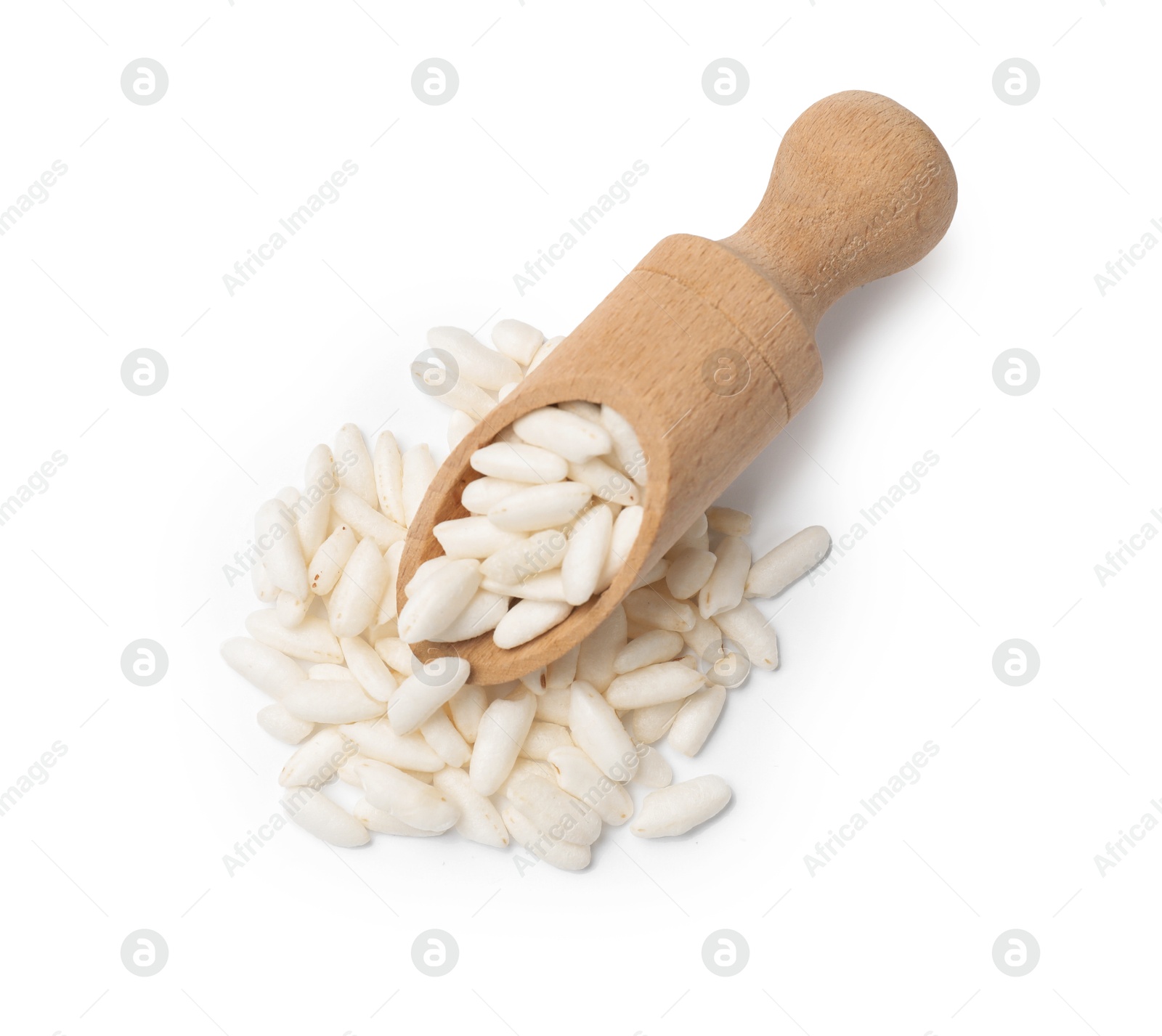 Photo of Puffed rice in wooden scoop isolated on white, top view