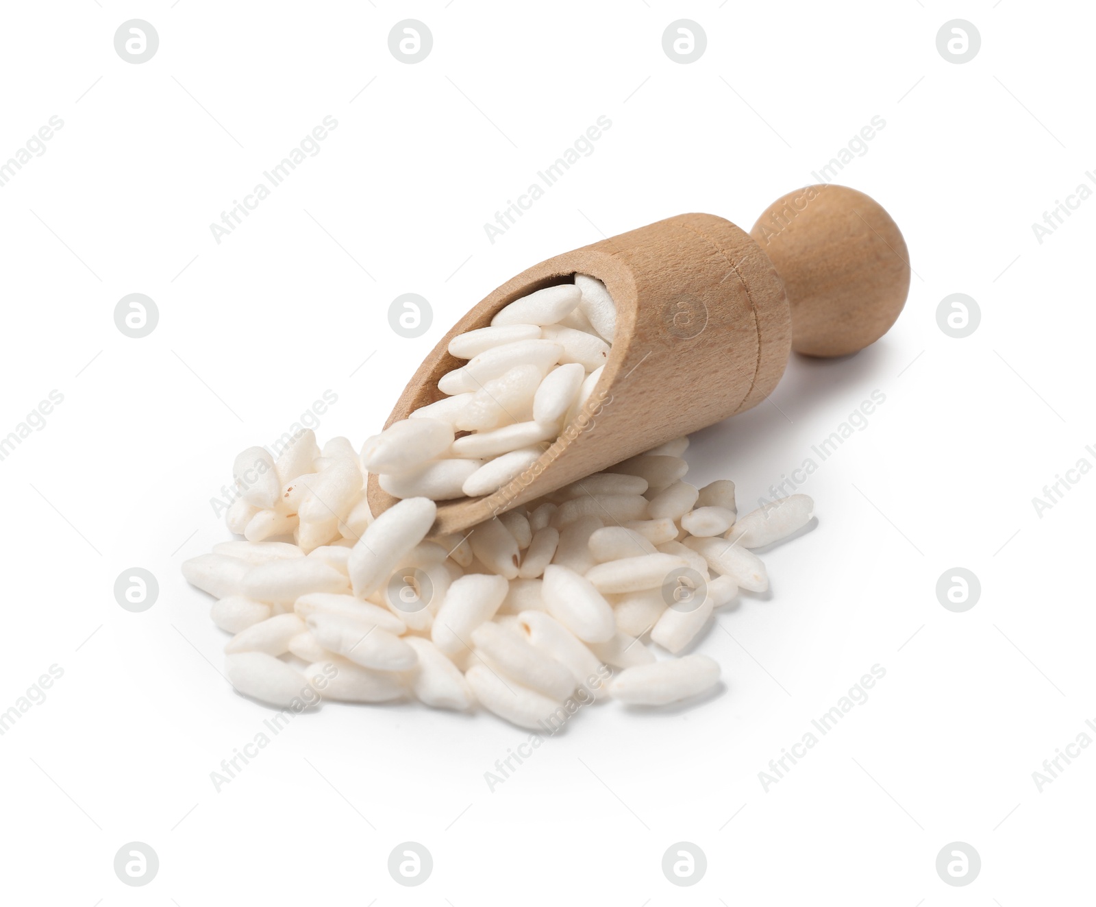 Photo of Puffed rice in wooden scoop isolated on white