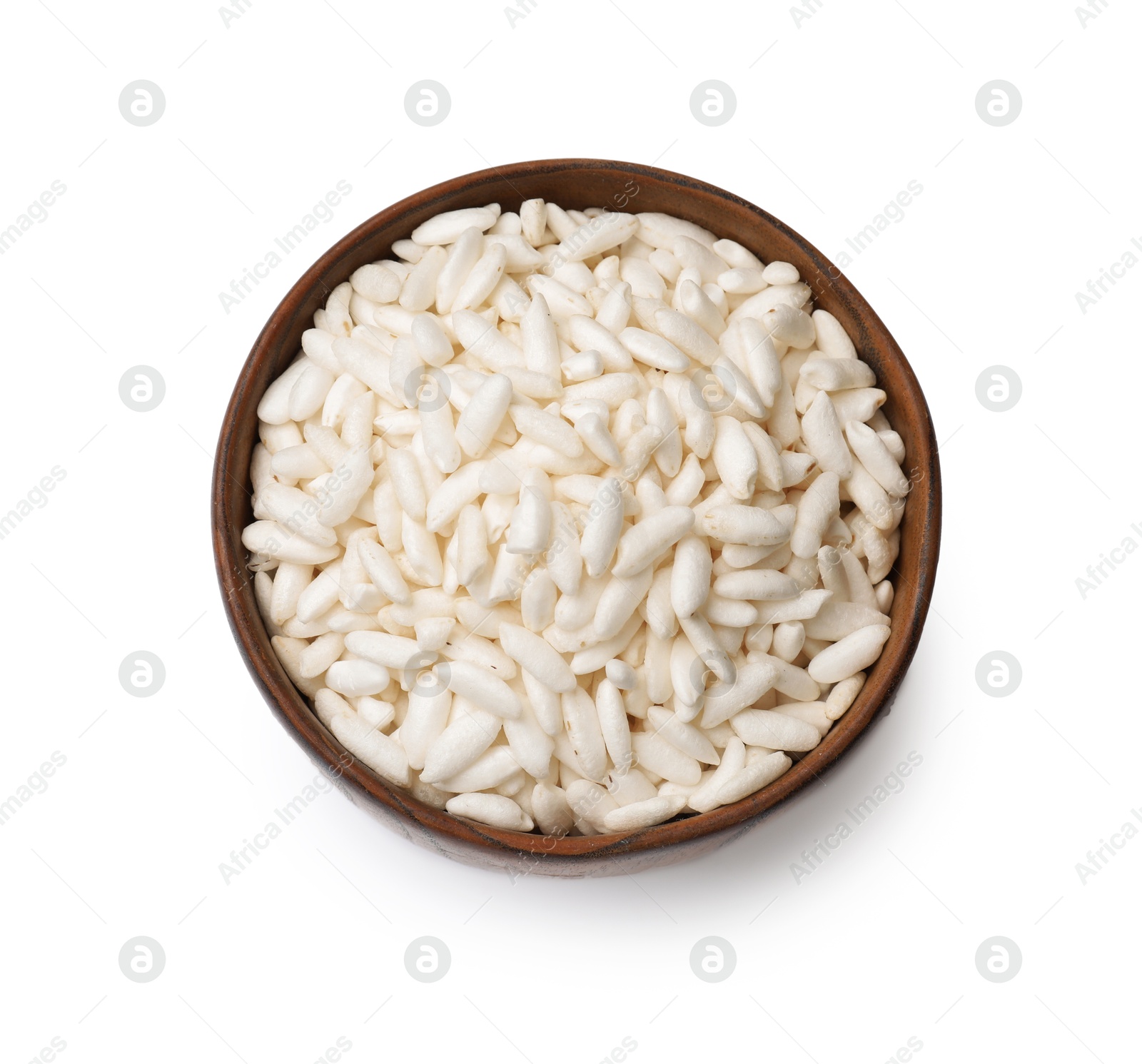 Photo of Puffed rice in bowl isolated on white, top view