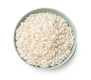 Photo of Puffed rice in bowl isolated on white, top view