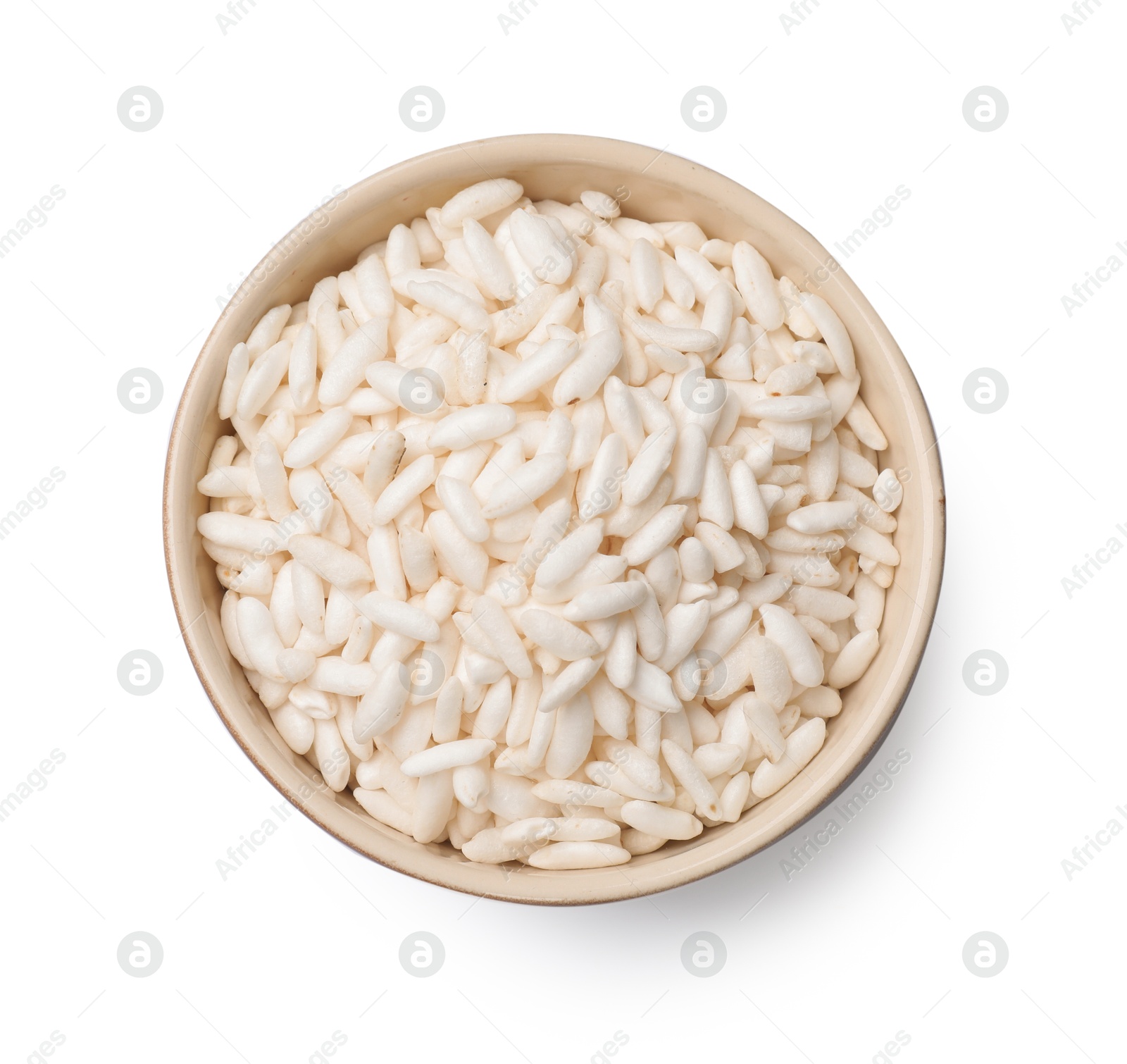 Photo of Puffed rice in bowl isolated on white, top view