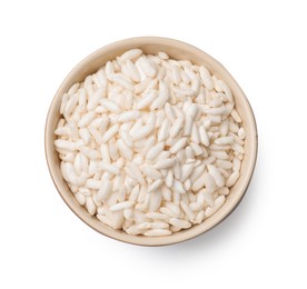 Photo of Puffed rice in bowl isolated on white, top view